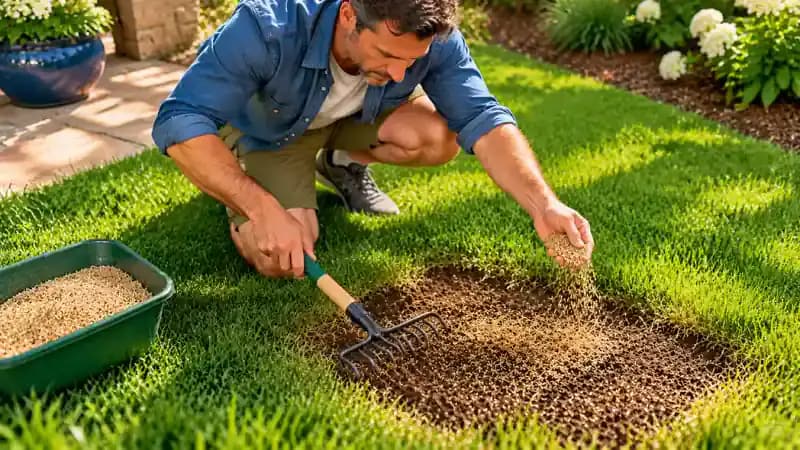 Gloved homeowner evenly scattering grass seed over a prepared bare lawn patch and gently settling it into the soil with the back of a hand rake.