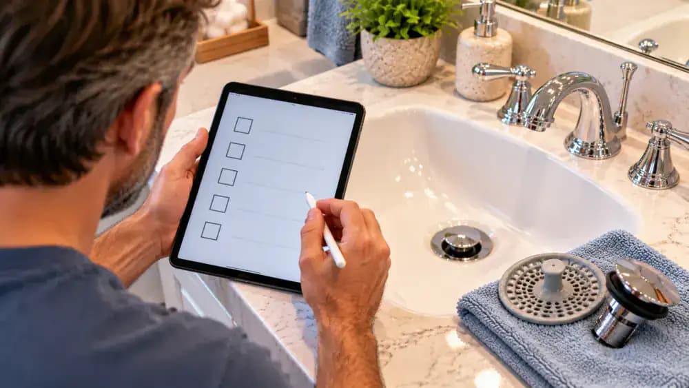 Homeowner reviewing a bathroom sink maintenance checklist on a tablet beside a white porcelain sink, with weekly hair removal and stopper cleaning tasks, a removable drain screen, and a calendar showing monthly drainage checks.