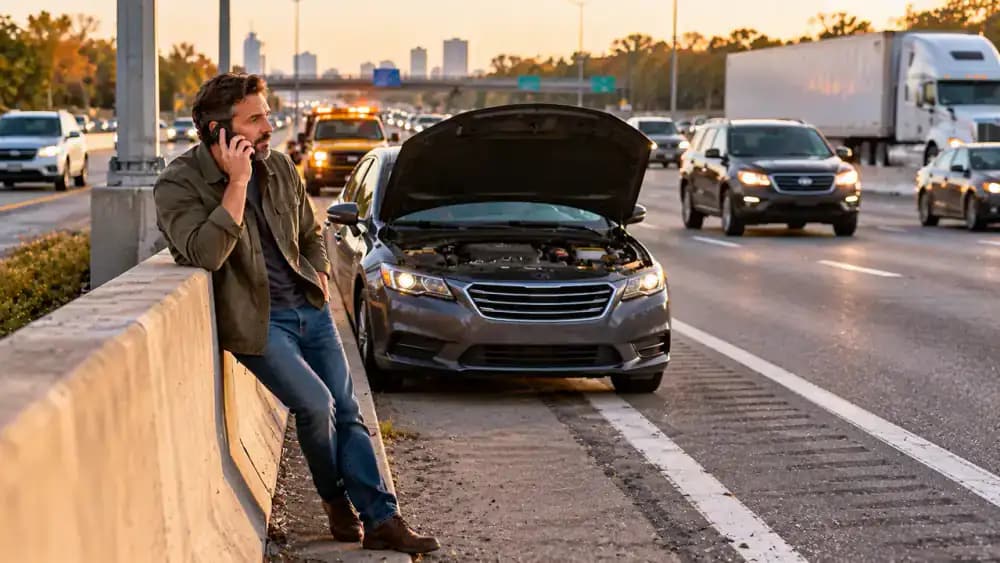 Driver using a smartphone to request roadside assistance from behind a concrete safety barrier while a disabled American sedan remains on a freeway shoulder.