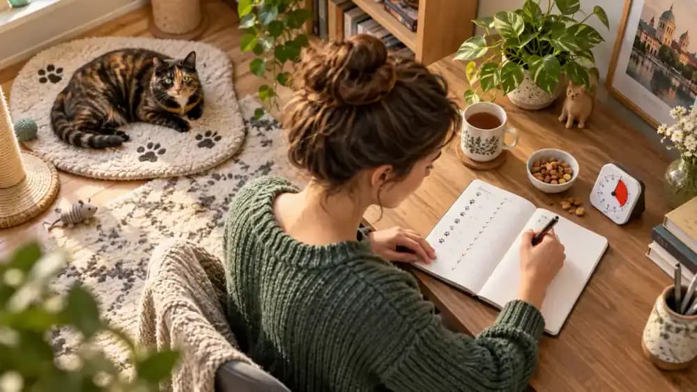An overhead view of a paper cat-training log with dated notes and checkmarks on a wooden desk, beside a pen, treat pouch, timer, and resting tortoiseshell cat on a mat near a closed interior door.