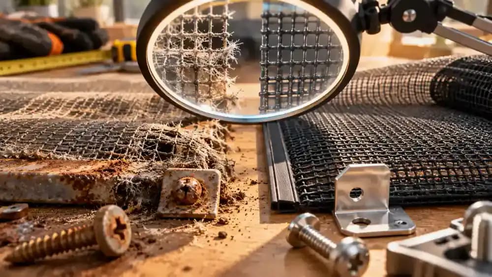 Technician comparing new and weathered balcony enclosure materials in a workshop, examining faded mesh fibers under magnification, inspecting corroded hardware, and identifying damaged components for professional replacement.