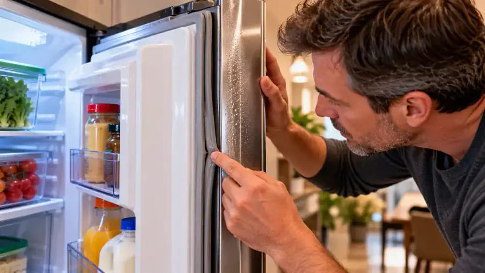 Person inspecting condensation beside a closed stainless steel refrigerator door, checking an uneven gasket contact area and upper hinge alignment before contacting an appliance technician by smartphone.