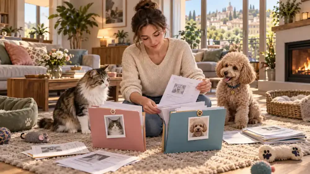 Black cat and cream poodle beside two separately labeled folders containing their individual medical histories