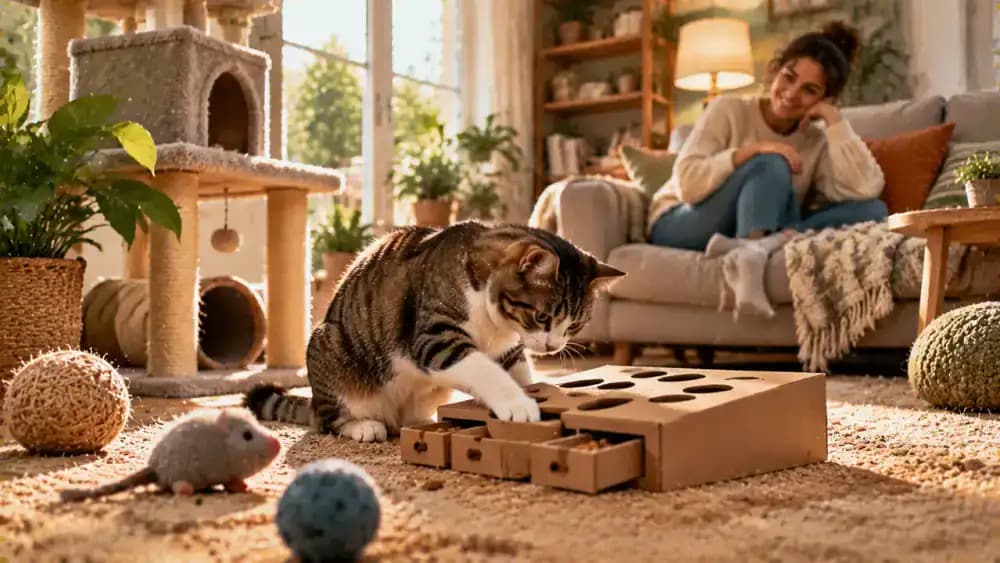 Cat explores a cardboard puzzle feeder, sturdy cat tree, and textured toy indoors while a dog follows interesting scents along a quiet park path with its owner.