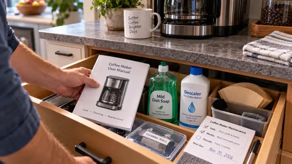 Eye-level close-up of a coffee maker brewing plain water as the reservoir level drops, water drains freely through a clean empty basket, and a hand points to the steady stream before checking the manufacturer manual.