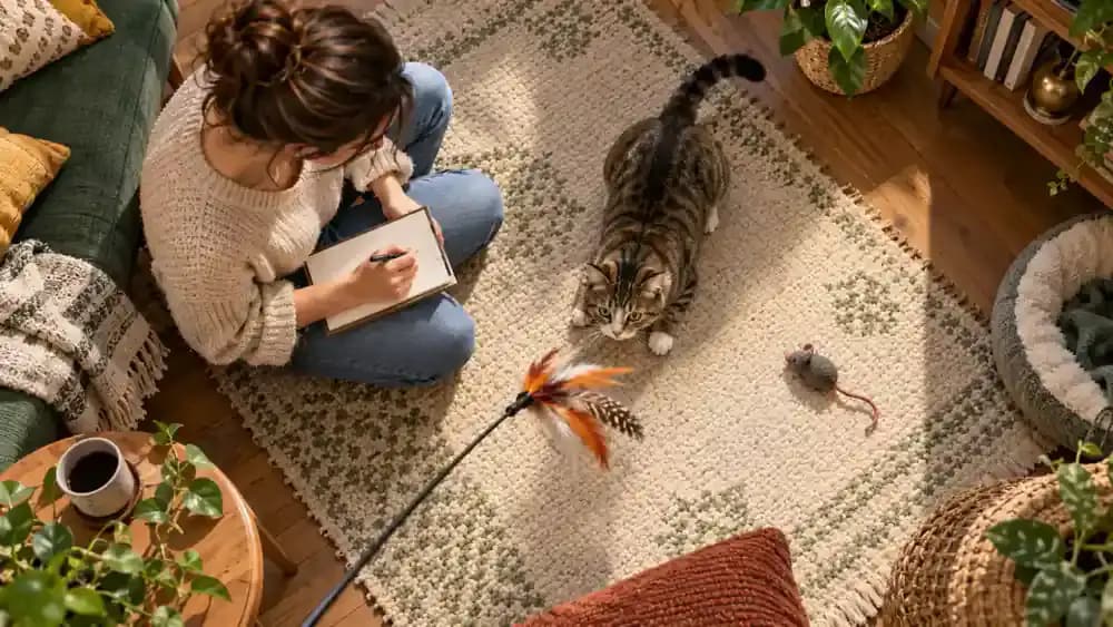 Owner tracking cat play preferences in a weekly notebook