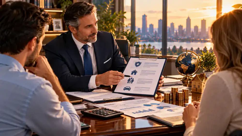 Financial advisor presenting annuity documents across a desk with subtle imagery representing sales compensation.