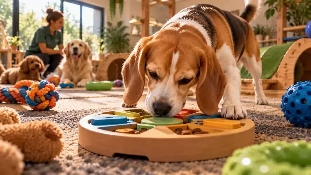 Beagle searching for treats inside a supervised scent puzzle in a colorful enrichment room, while a cat explores a cardboard tunnel and watches a dangling toy guided by a caregiver.