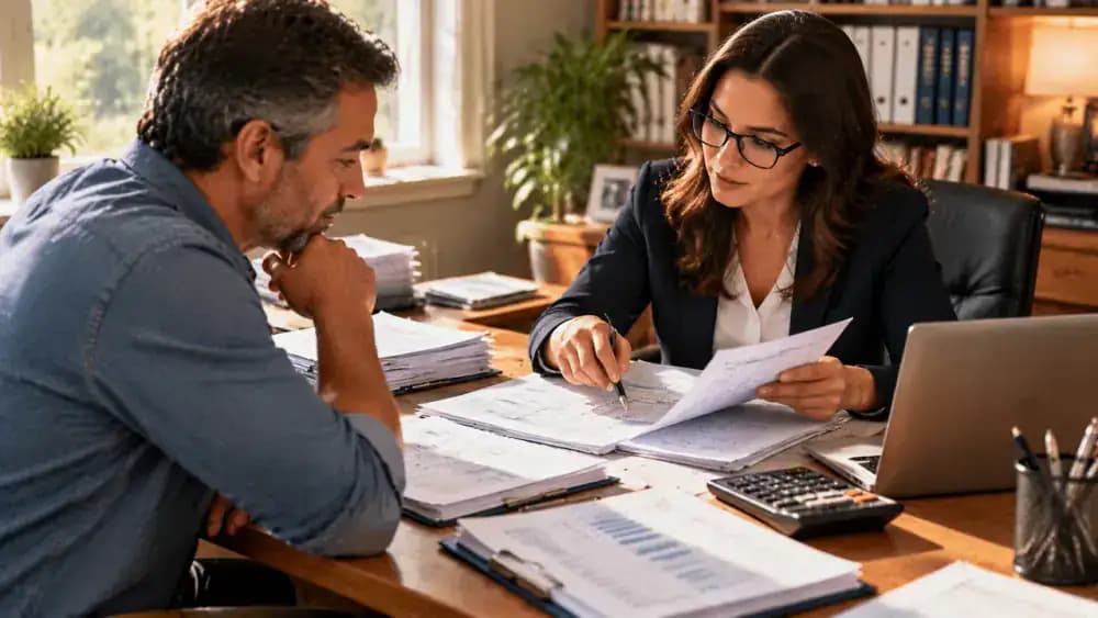Taxpayer discussing complex financial records with a qualified tax professional across an office desk.