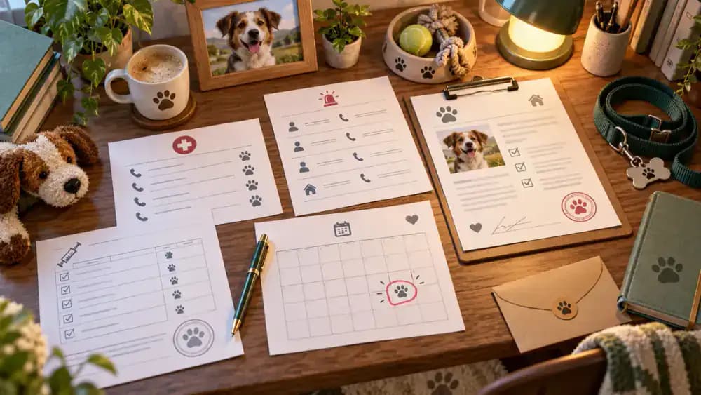 Veterinary contacts, vaccination records, adoption papers, and appointment calendar