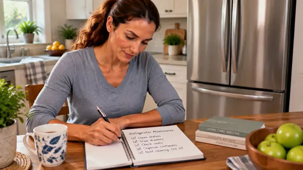 Person writing refrigerator maintenance notes in a notebook at a kitchen table beside a closed refrigerator door