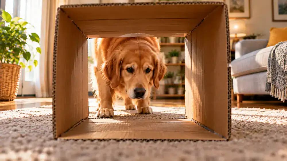 Dog cautiously approaching a long cardboard tunnel before its owner replaces it with a shorter open box and demonstrates an uncovered passage between widely spaced foam markers.