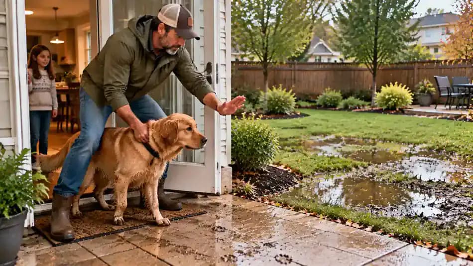 Homeowner standing at an open back door, gently guiding a curious dog indoors with a leash while a child stays safely inside, with muddy puddles visible across the suburban backyard beyond a dry patio.