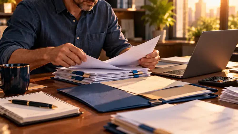 Consumer organizing financial complaint documents beside a laptop and official-looking folder.