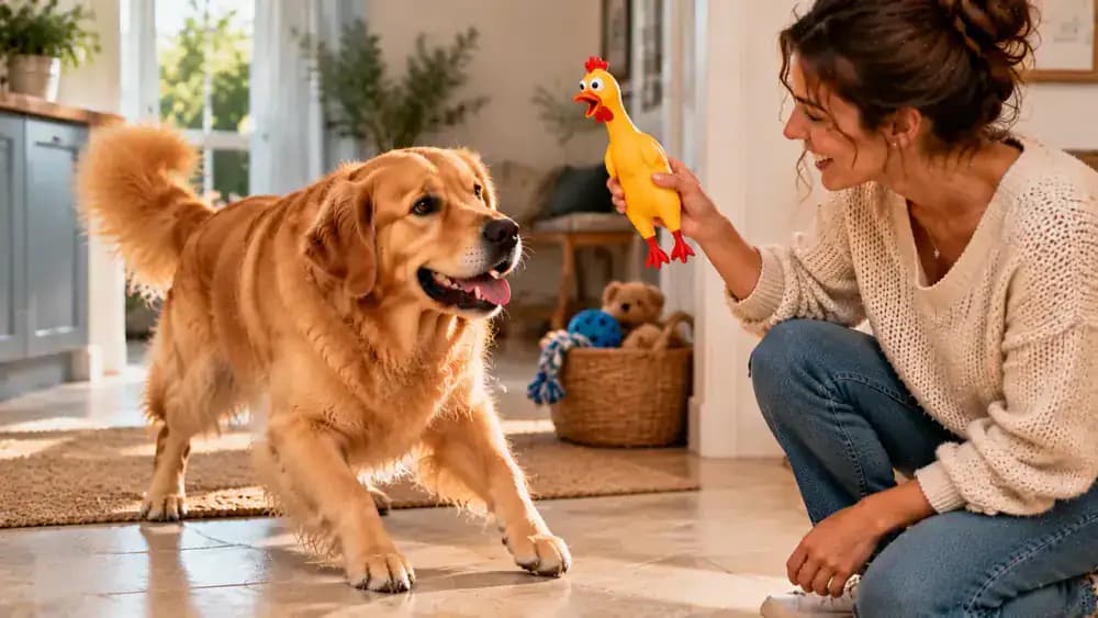 Golden retriever reacting to a squeaky rubber chicken before calmly considering two quiet toys during a separate training session.