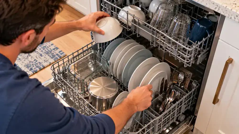Elevated view of an open dishwasher with evenly spaced dinner plates in the lower rack and angled bowls in the upper rack as a person repositions an oversized cutting board and checks that the lower spray arm rotates freely.