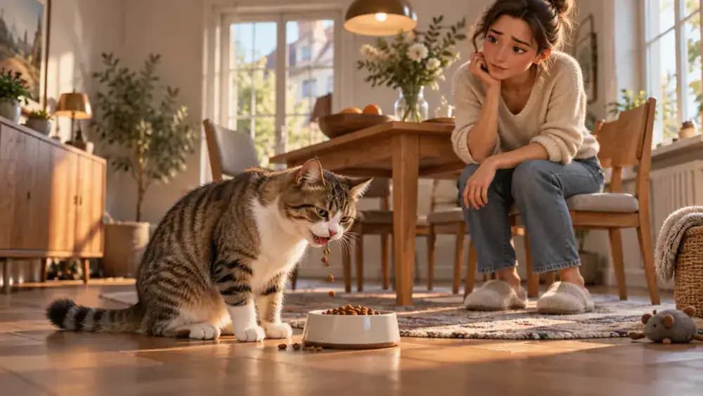 Cat dropping pieces of dry food beside its feeding bowl while an attentive owner watches nearby