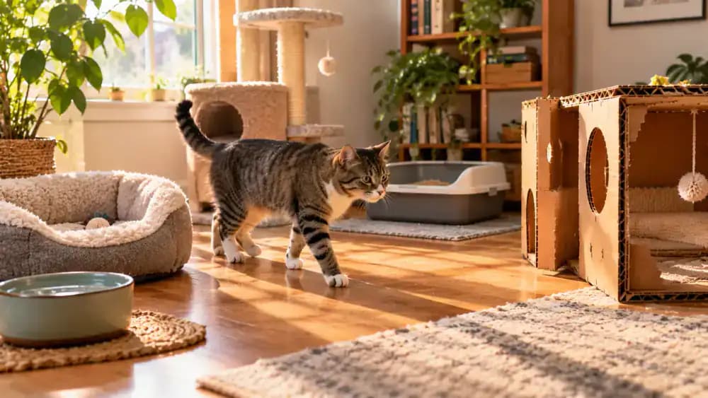 Wide living room view showing a cardboard cat maze positioned away from pathways connecting a water bowl, resting bed, and litter area as a cat moves freely between them.