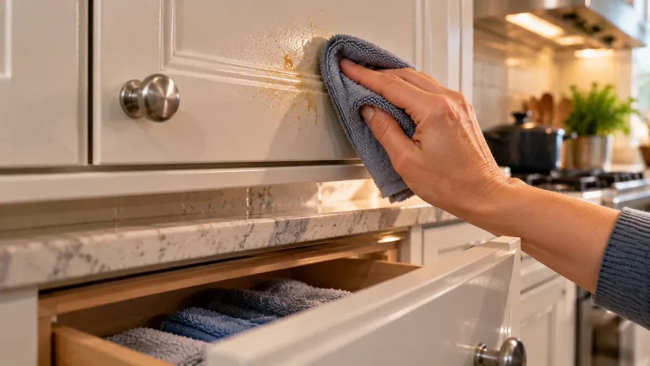 Person inspecting painted kitchen cabinet doors under a portable countertop work light for early signs of grease haze without touching the surfaces.