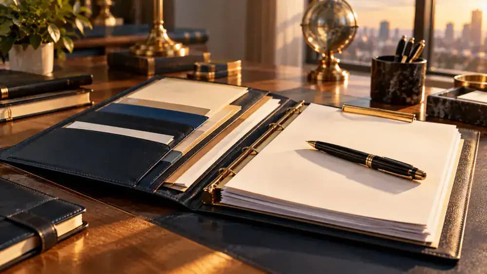 Neatly organized document folder containing blank papers, receipts, and a pen representing payday loan records.