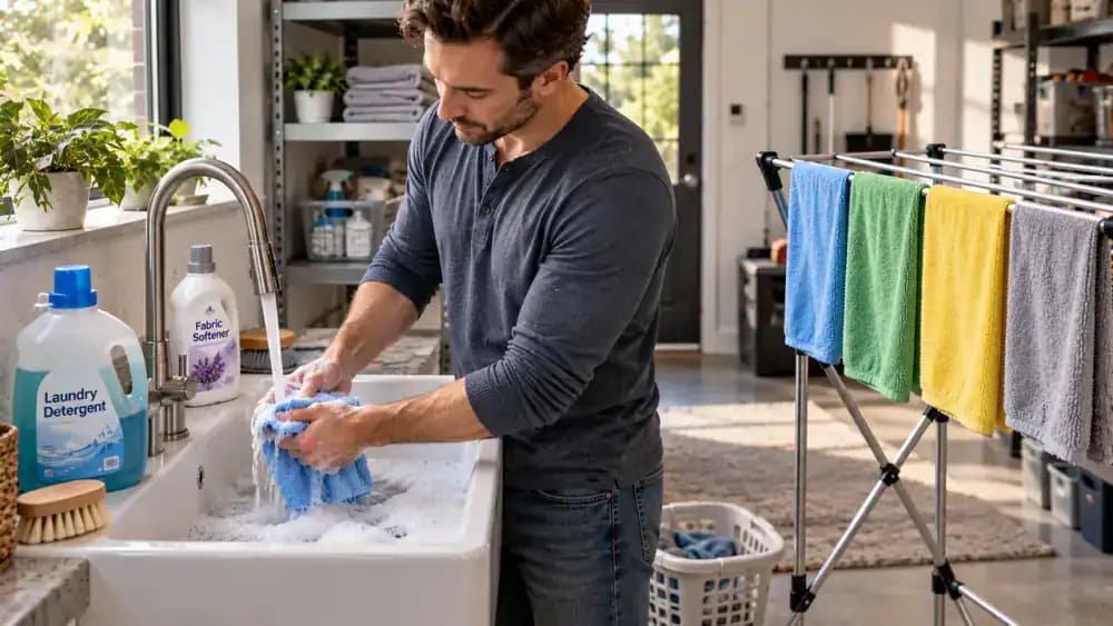 Hand wiping a single fresh fingerprint from a stainless steel refrigerator with a clean, dry microfiber cloth, following the horizontal grain in angled sunlight.