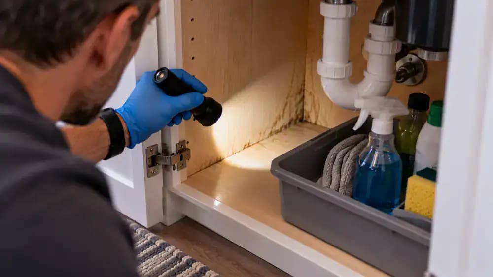 Close-up inside an open under-sink cabinet showing a blue-gloved person using a handheld flashlight to inspect exposed laminate flooring beside a waterproof containment tray, with sealed cleaning bottles stored upright and both front corners unobstructed.