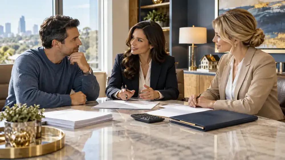 Homeowner discussing closing paperwork with a real estate attorney and settlement professional.