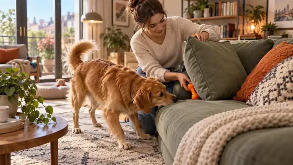 Pet owner checking an existing toy inventory while considering a new purchase