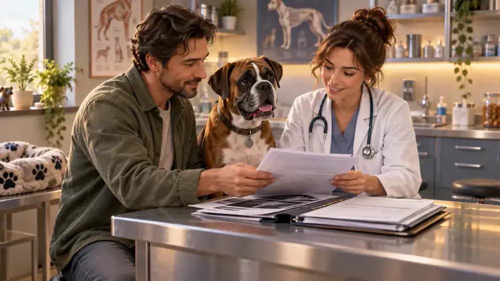 Boxer owner presenting medication records, a symptom timeline, and questions during a veterinary appointment