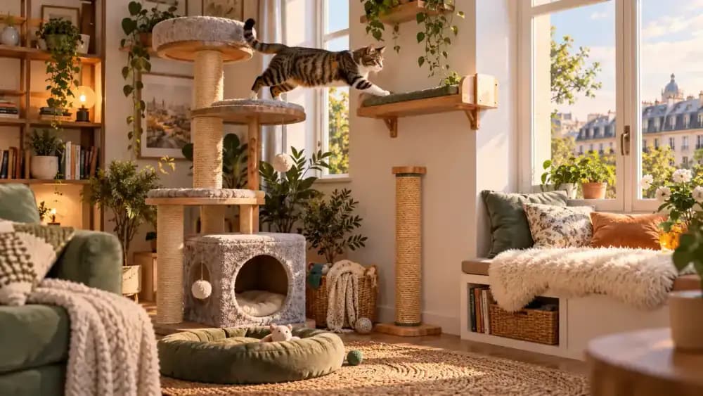 Cat using a sturdy cat tree beside a scratching post, wall perch, and secure window seat