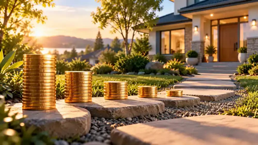 Descending stacks of coins following a clear stepping-stone pathway toward a protected residential house.