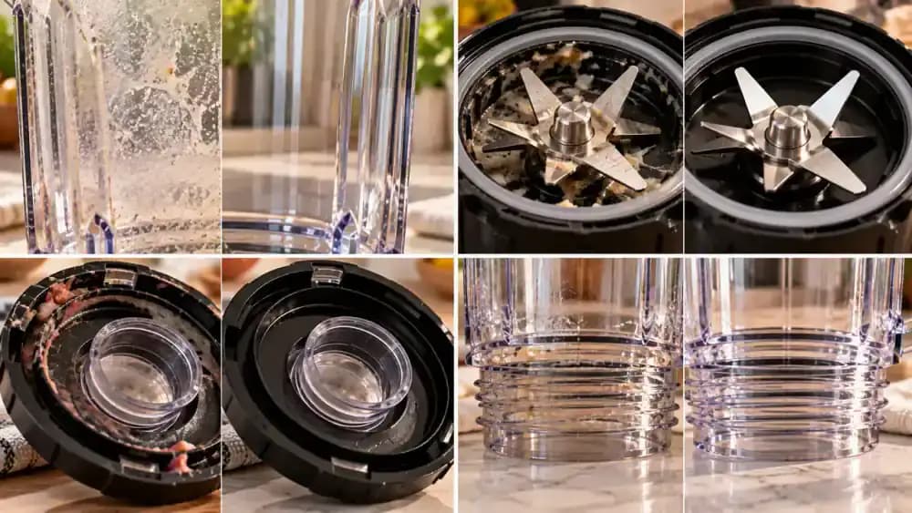 Four-panel visual comparison of a blender's cloudy jar walls, food residue around the blade hub, dirty lid grooves, and lower threaded connection before and after cleaning, shown from matching close-up angles.