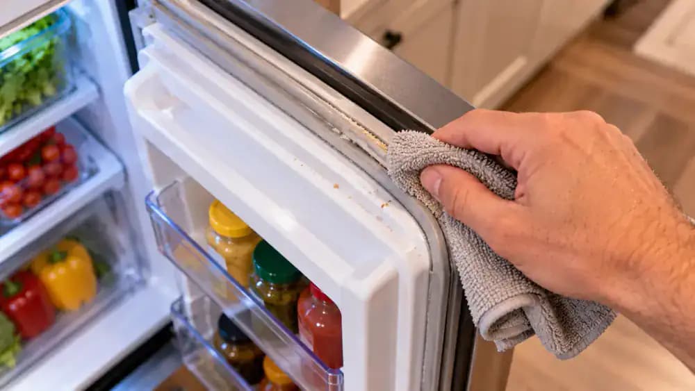 Close-up sequence showing refrigerator gasket inspection, dry microfiber cloth removing crumbs, damp cloth cleaning rubber folds, dry towel absorbing moisture, and a dollar bill checking door contact.