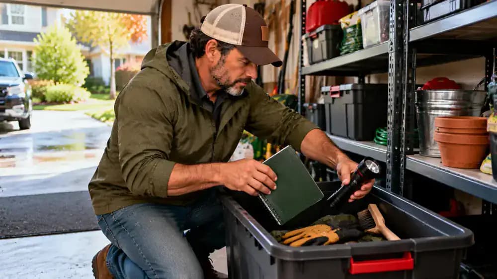 Homeowner organizing a seasonal yard drainage inspection kit on a sturdy garage shelf, placing a weatherproof notebook, flashlight, work gloves, and small hand brush into a storage bin, with a suburban backyard visible through the open garage door.