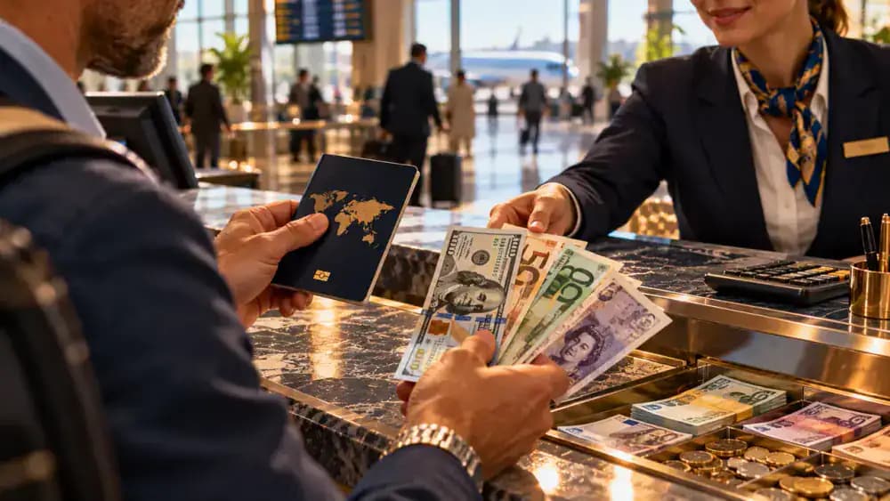 Passport beside mixed international banknotes at an airport currency exchange counter.
