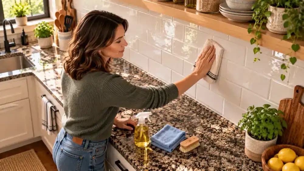 Person unfolding a greasy microfiber cloth to a clean face beside a tile backsplash, with a soiled cloth in a laundry container and separate rinse and drying towels ready on the counter.