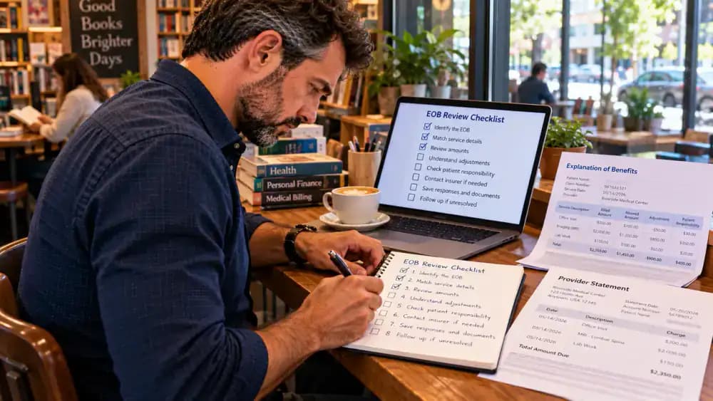 Adult at a bookstore cafe window counter creating a reusable health insurance EOB checklist beside a fictional sample statement, with items for identifying the EOB, matching service details, reviewing amounts, comparing the provider bill, recording questions, and saving responses.