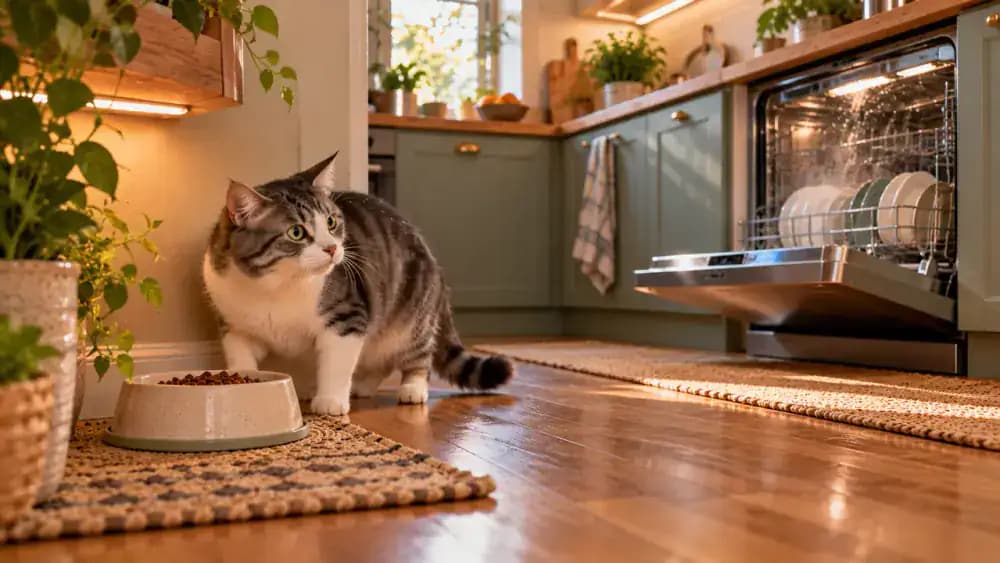 Fluffy gray-and-white cat hesitating beside its food near a noisy dishwasher as the owner turns off the appliance and removes a scented diffuser, allowing the cat to resume eating.