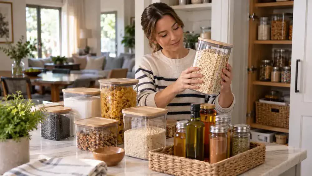 Person inspecting a neatly organized kitchen pantry with clear flour and sugar containers, sealed snacks, outward-facing labels, canned goods on lower shelves, and syrup, honey, and cooking oil bottles secured in a washable tray.