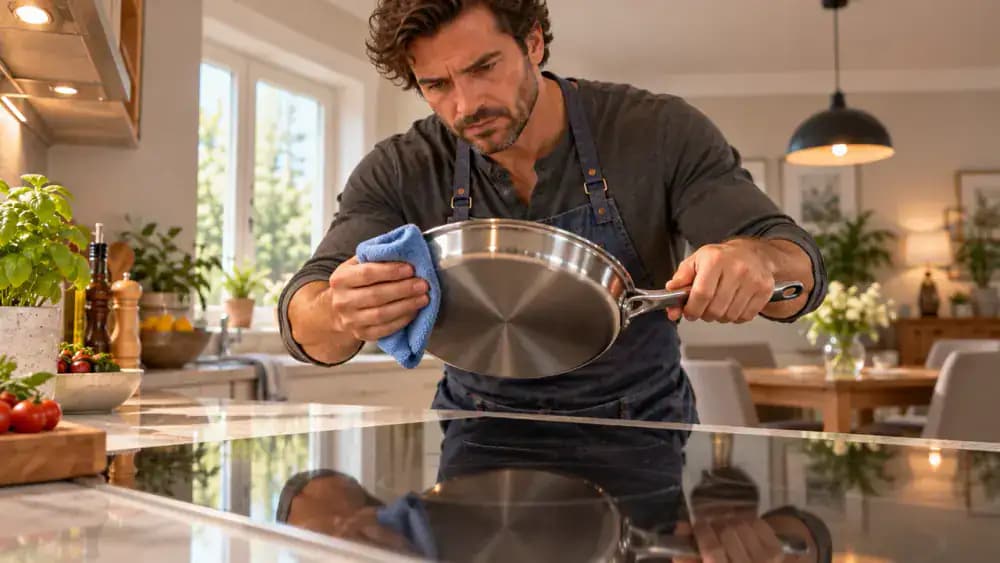 Close-up of a person tilting a stainless steel skillet to inspect its underside and removing dried food particles with a microfiber cloth before placing it onto a cool black glass-ceramic electric cooktop.