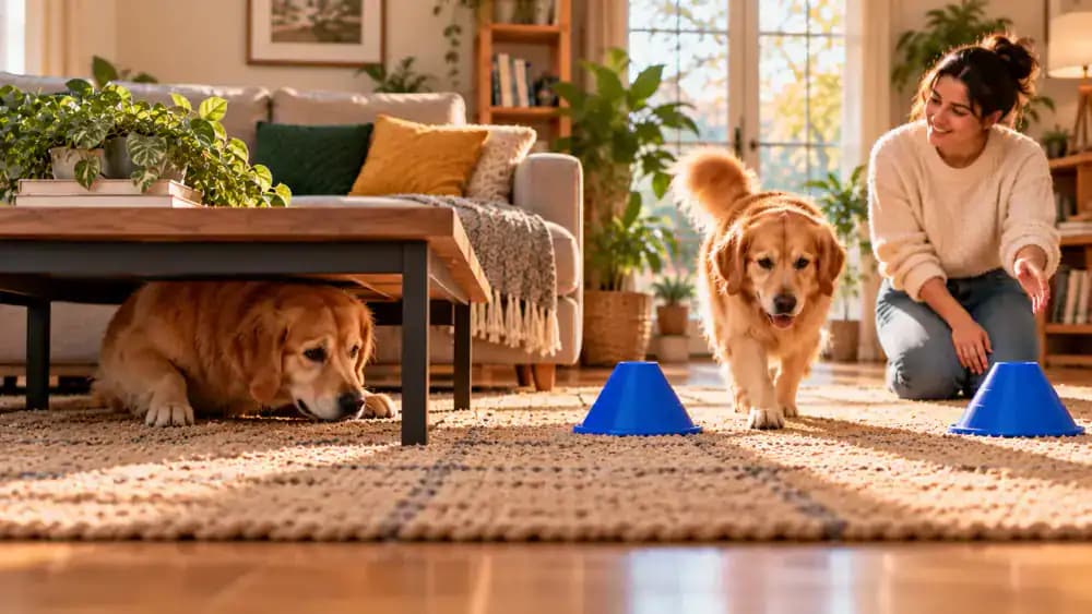 Comparison of a narrow, potentially hazardous gap beneath a coffee table and a safer open pathway between two widely spaced foam markers, with a dog walking comfortably through the alternative.