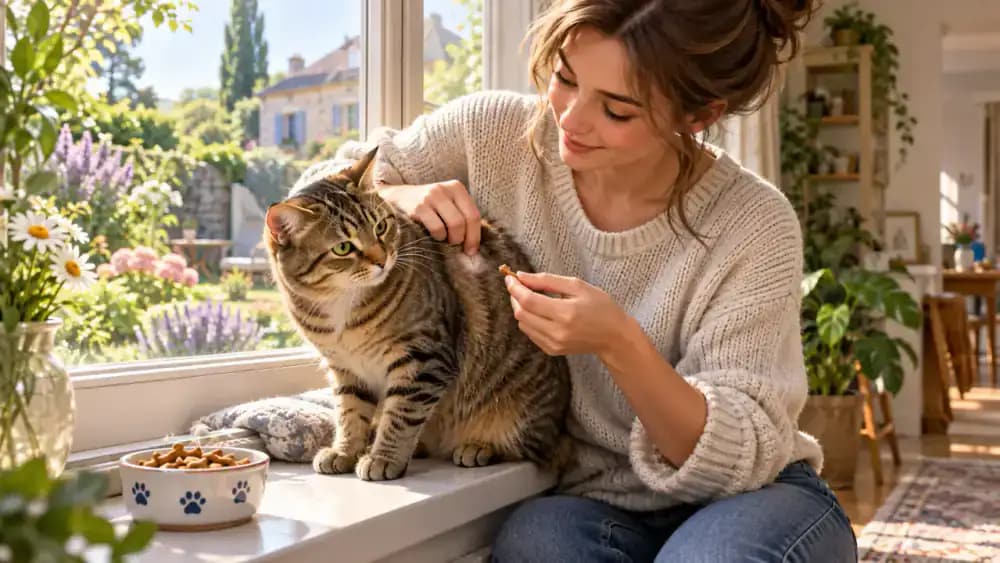 Tabby cat sitting voluntarily on a padded windowsill while its owner gently parts shoulder fur