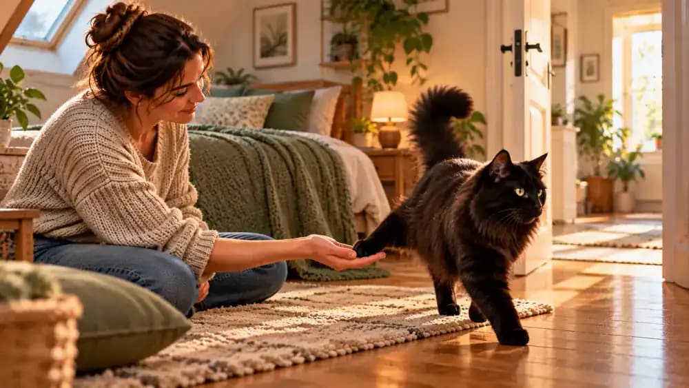 Black long-haired cat sitting on a padded floor cushion in a softly lit loft bedroom, voluntarily placing one paw against its seated owner's open hand.