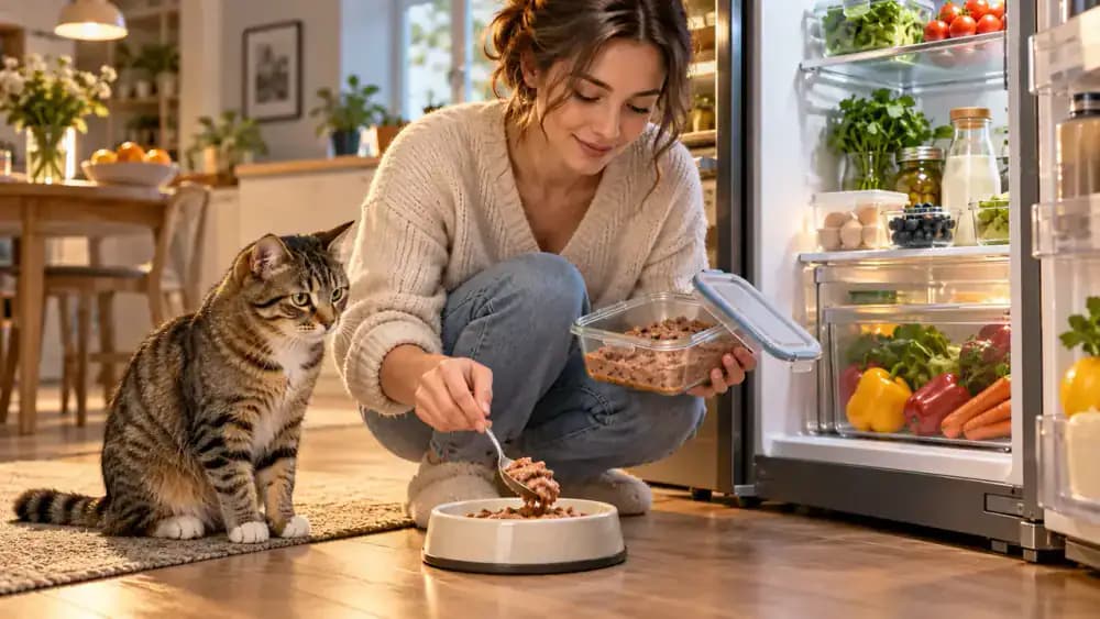 Owner using a stainless steel spoon to portion chilled wet cat food into a shallow ceramic dish beside an open refrigerator while a tabby cat watches.