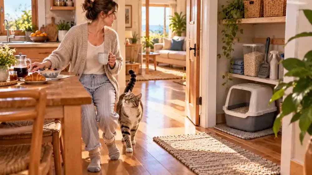 Cat owner finishing breakfast and placing a coffee mug in the kitchen sink before completing a brief litter box cleaning task, with a timer graphic and an evening cleaning reminder beside a bedroom.