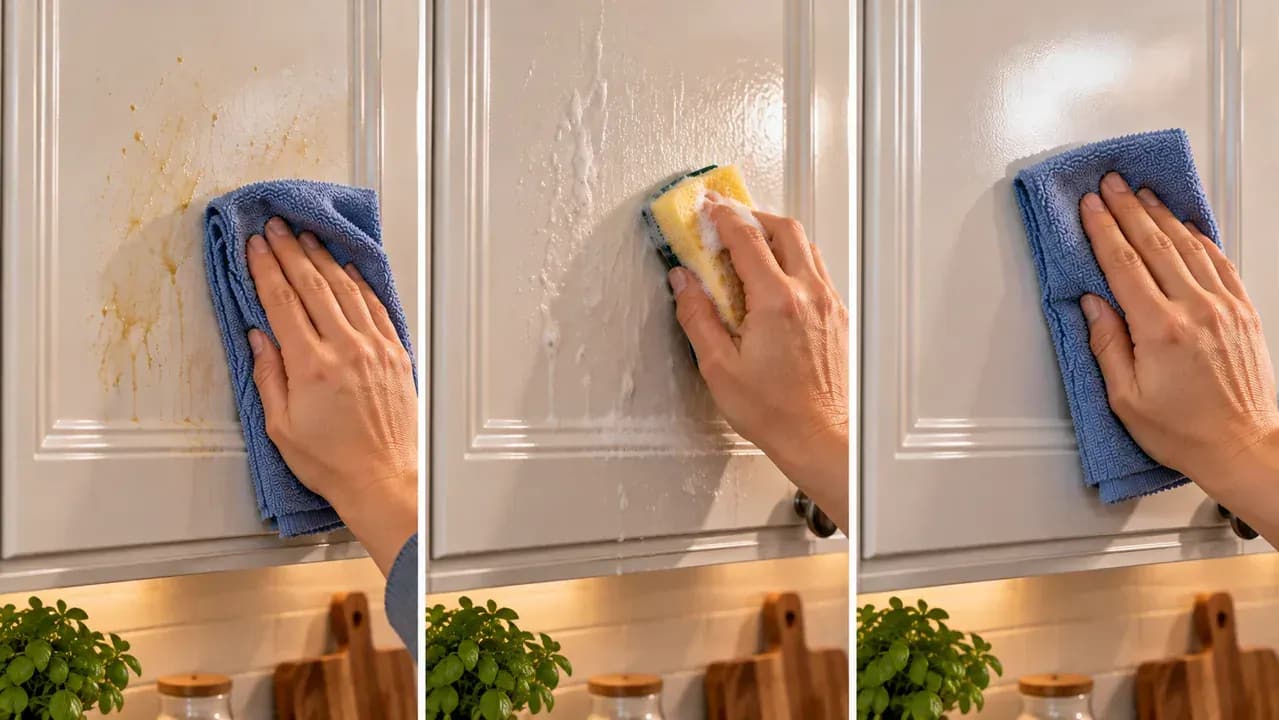 Close-up of a painted cabinet panel with a thin hazy grease film being wiped gently with a barely damp folded microfiber cloth, followed by a second damp cloth and a dry cloth.