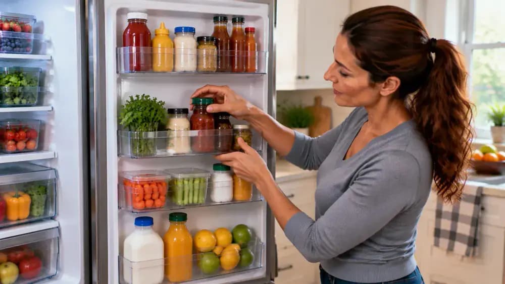 Person organizing refrigerator door shelves with clear bins and frequently used food items placed in front compartments