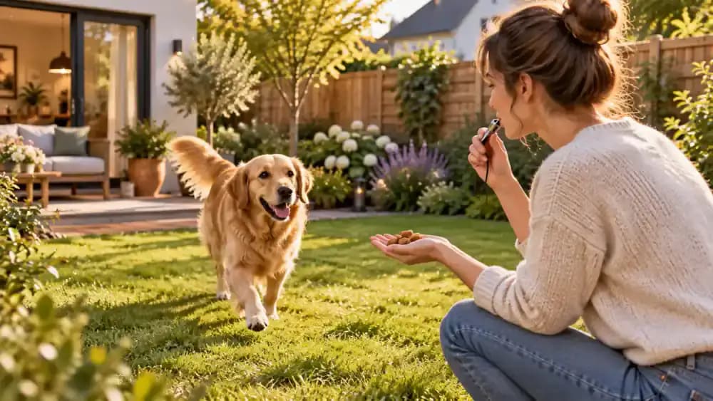 Owner using a recall whistle in a securely fenced backyard and rewarding a golden retriever generously