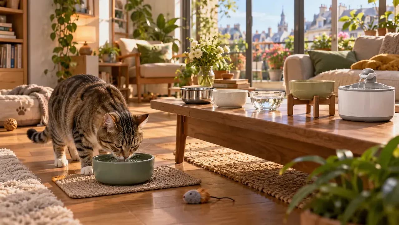 Owner testing bowl location material fountain and food moisture as separate individual changes
