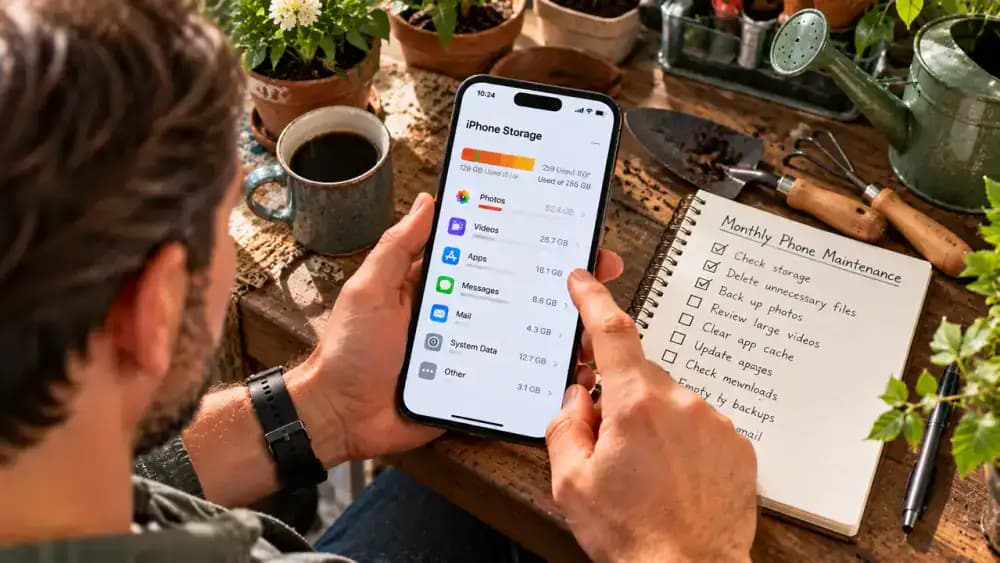 Adult reviewing iPhone Storage settings at a wooden potting bench, pointing to the largest storage category beside a monthly planner with Review storage checked and Check backups and Clear old downloads still unchecked.